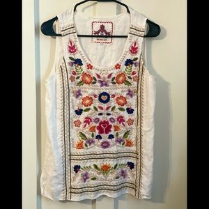 Johnny Was Women's White Linen Multi-Color Floral Embroidered Tank Top Size XS